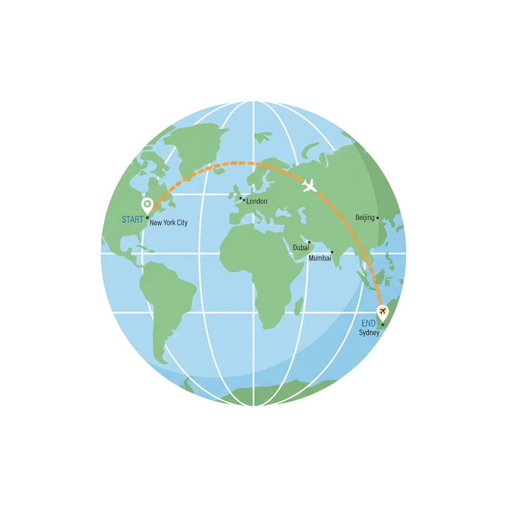 A world map showing a flight route from New York City to Sydney with stops in London, Dubai, Mumbai, and Beijing.
