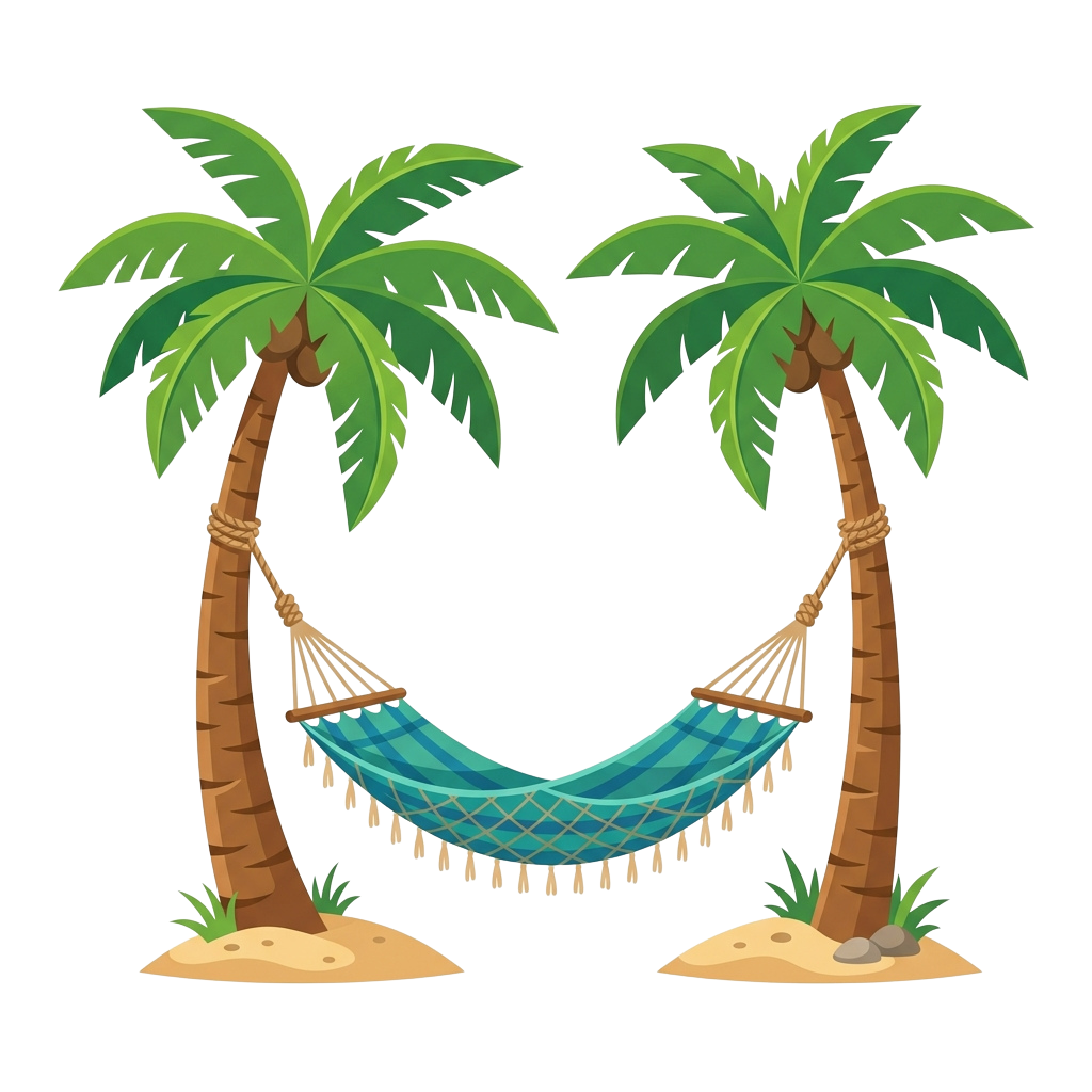 A blue hammock hanging between two tall palm trees on sandy ground