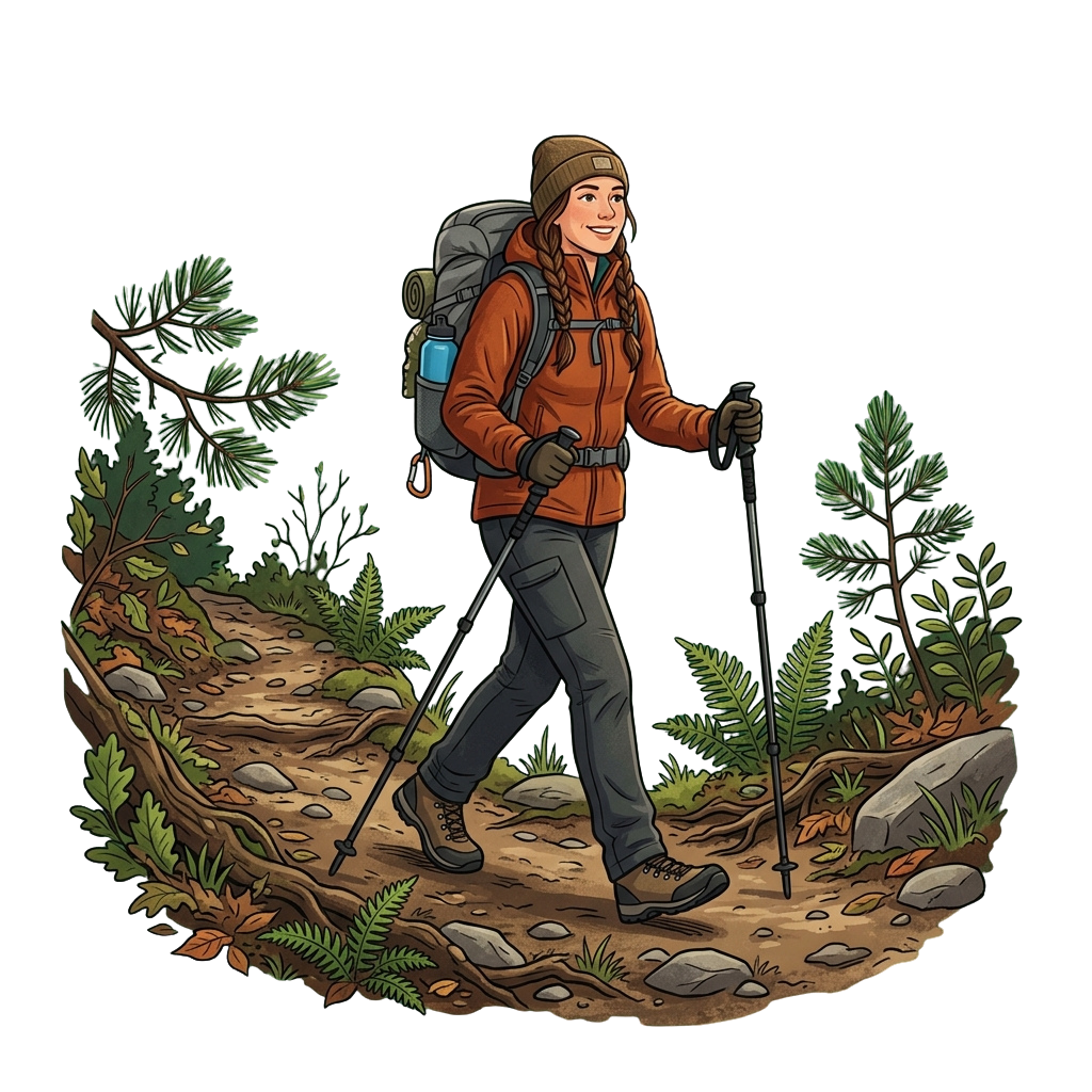 A person hiking on a rocky trail with trekking poles and a backpack in a forested area