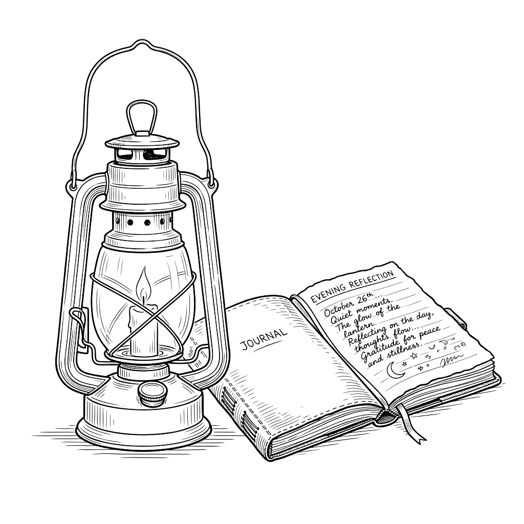 Black and white illustration of an old-fashioned lantern and an open book with text.
