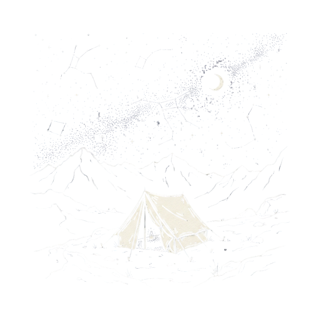 A tent pitched in a snowy mountain landscape under a starry night sky with a crescent moon