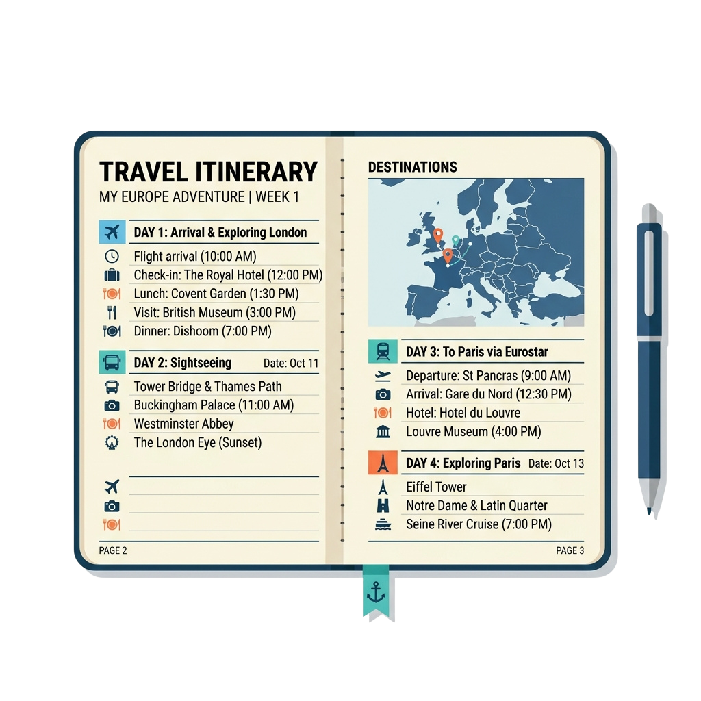 A travel itinerary notebook page showing a week-long trip plan for London and Paris with activities and dates.