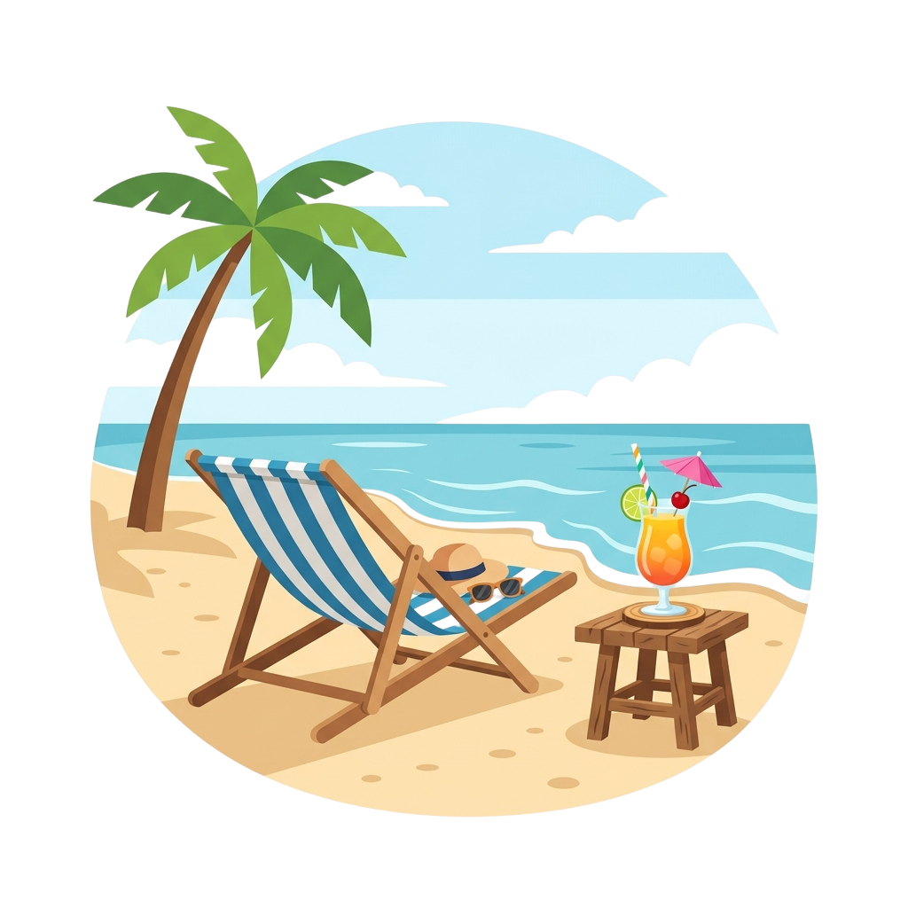 A person relaxing on a beach in a lounge chair with a tropical drink on a small table beside them, palm tree, and ocean view