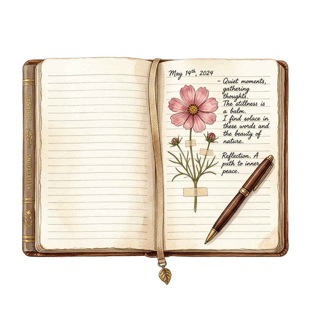 Open journal page showing a handwritten reflection about nature, a pink flower sketch, and a pen resting on the page.