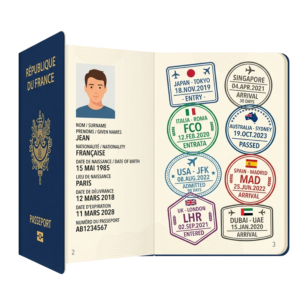 French passport showing personal details and travel stamps from various countries including Japan, Italy, USA, UK, Australia, Spain, UAE, and Singapore.