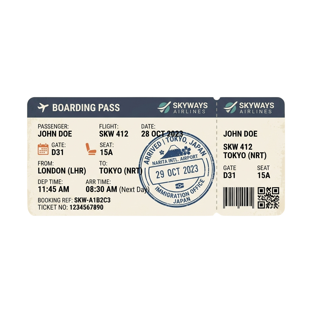 Boarding pass for a flight from London to Tokyo with passenger details, seat, gate, and stamp from immigration