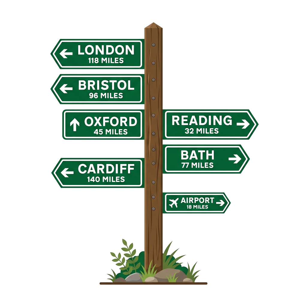 Illustrated road signpost showing directions and distances to UK cities and airport