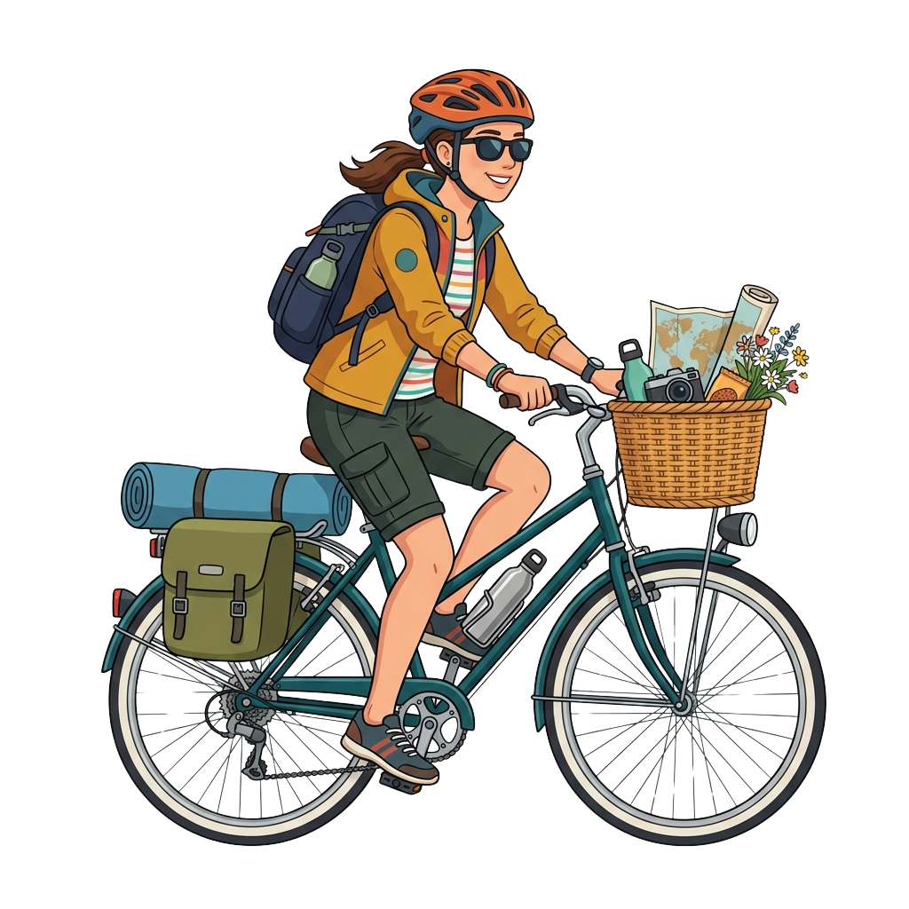 A smiling woman wearing a helmet and backpack rides a bicycle equipped with a basket, panniers, and camping gear.