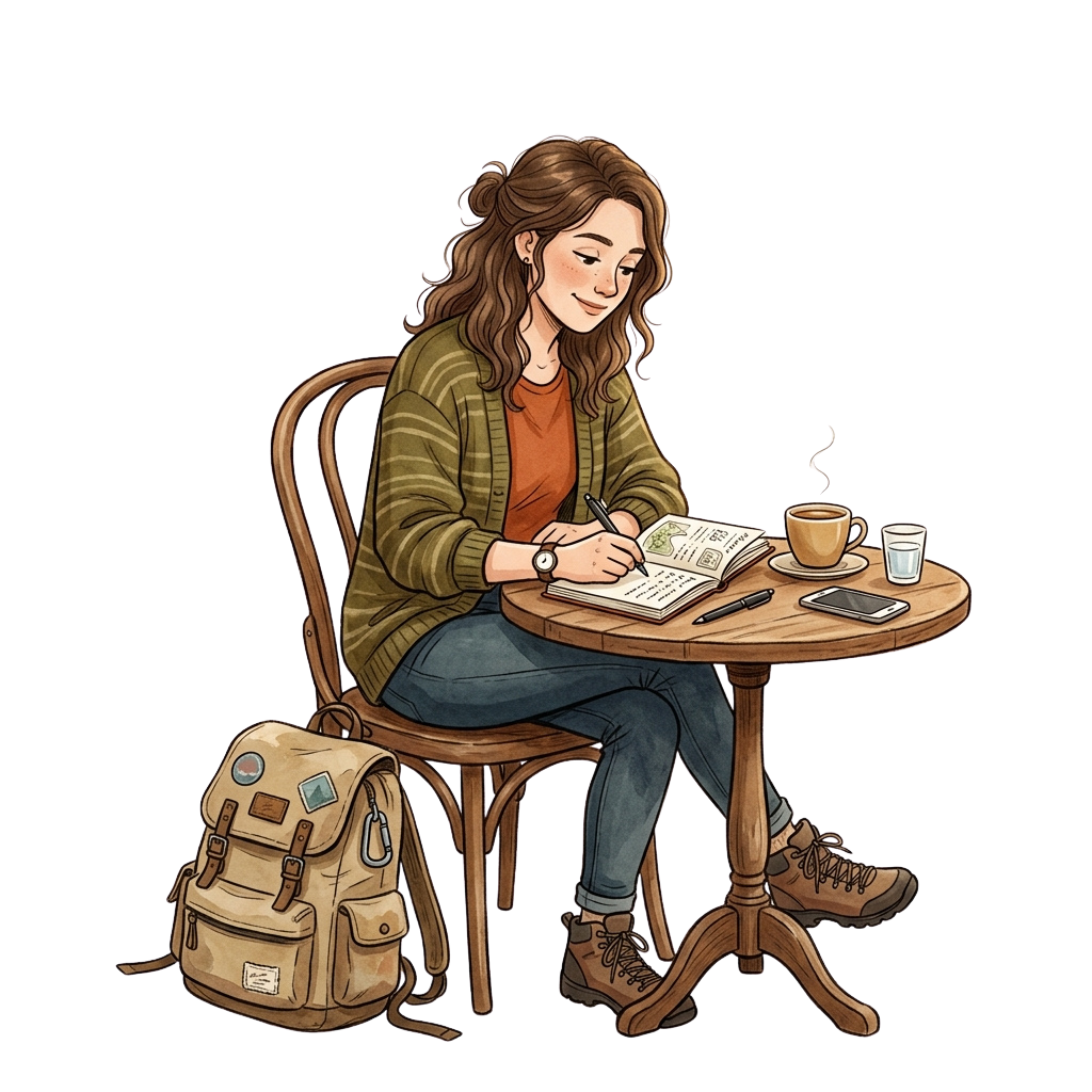 A person with long hair sits at a small wooden table writing in a notebook, with a coffee cup, smartphone, and backpack nearby