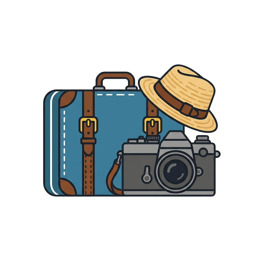 Illustration of a vintage camera, suitcase, and straw hat arranged together