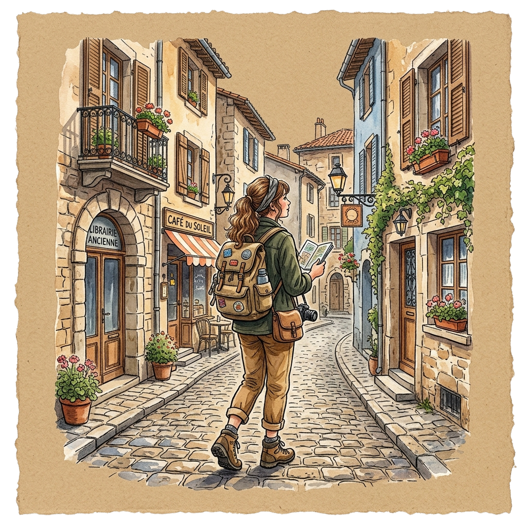 A person with a backpack and camera walks down a quaint cobblestone street lined with old buildings and flower boxes.