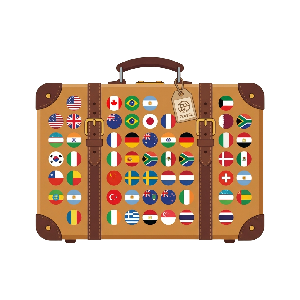 Brown suitcase decorated with circular world flags and a travel tag