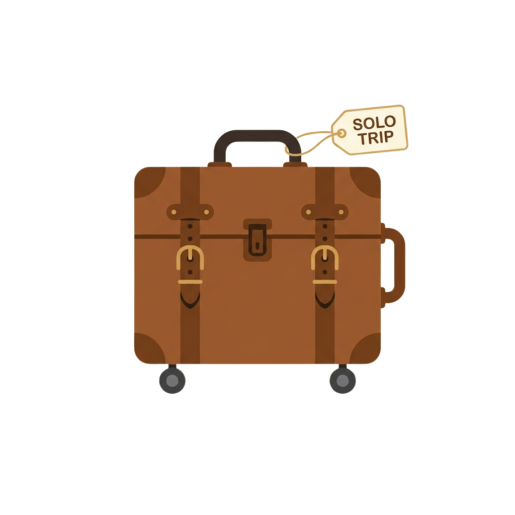 A brown vintage-style suitcase with four wheels and a tag reading Solo Trip