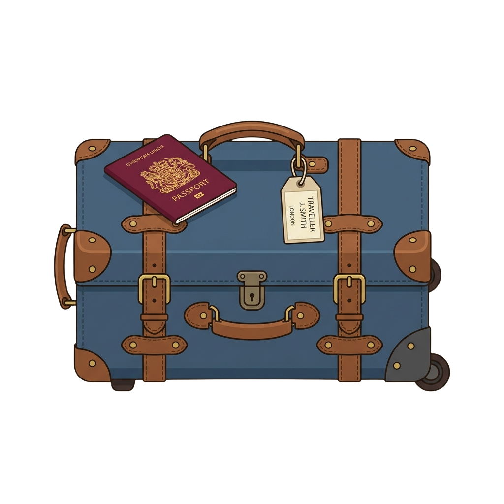 Illustration of a vintage suitcase with a passport and travel tag attached to its handle
