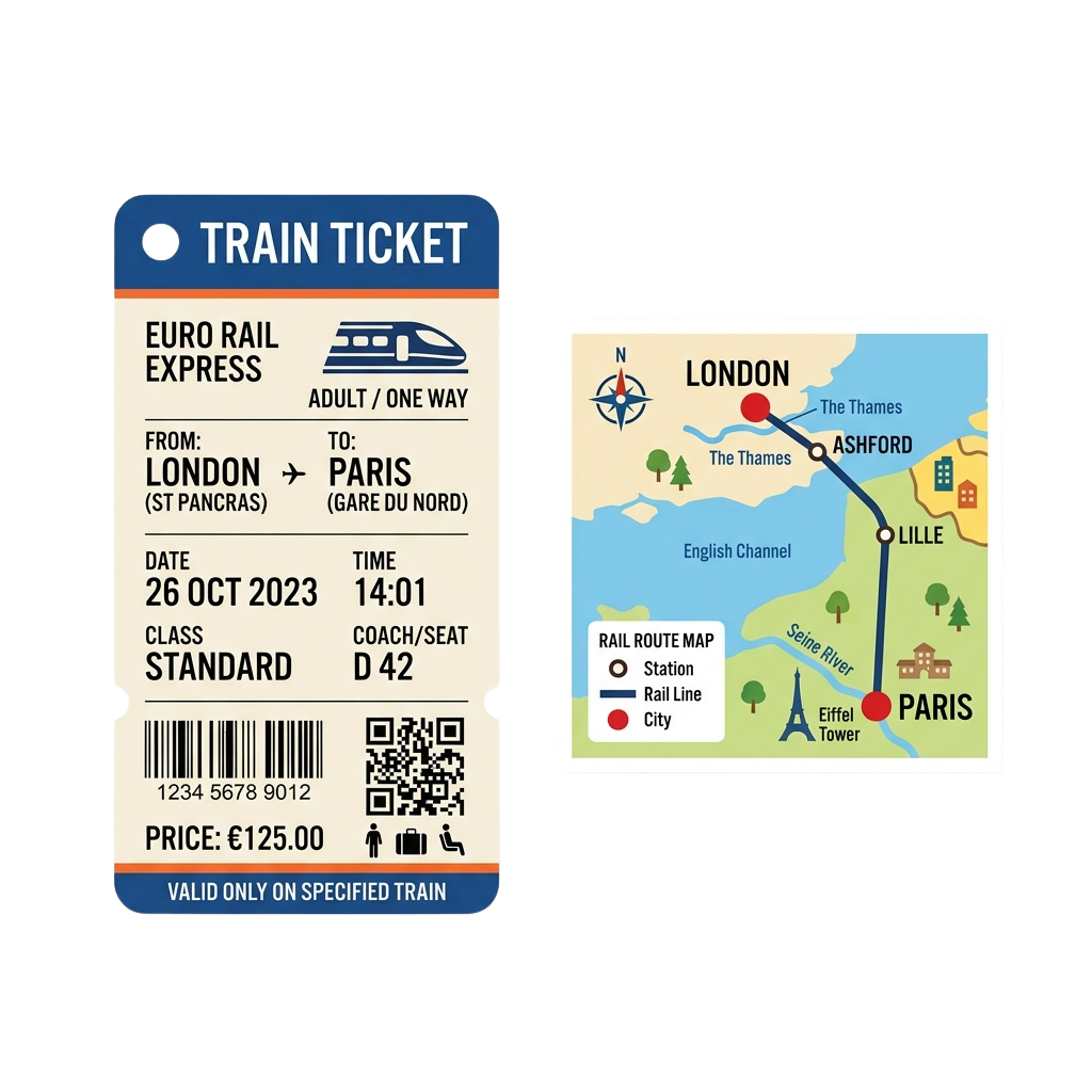 Train ticket from London to Paris with route map showing stations and rail line across English Channel