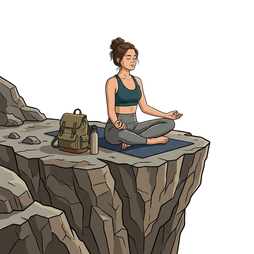 A woman sitting in a meditative pose on a cliff edge with a yoga mat, backpack, and water bottle beside her.