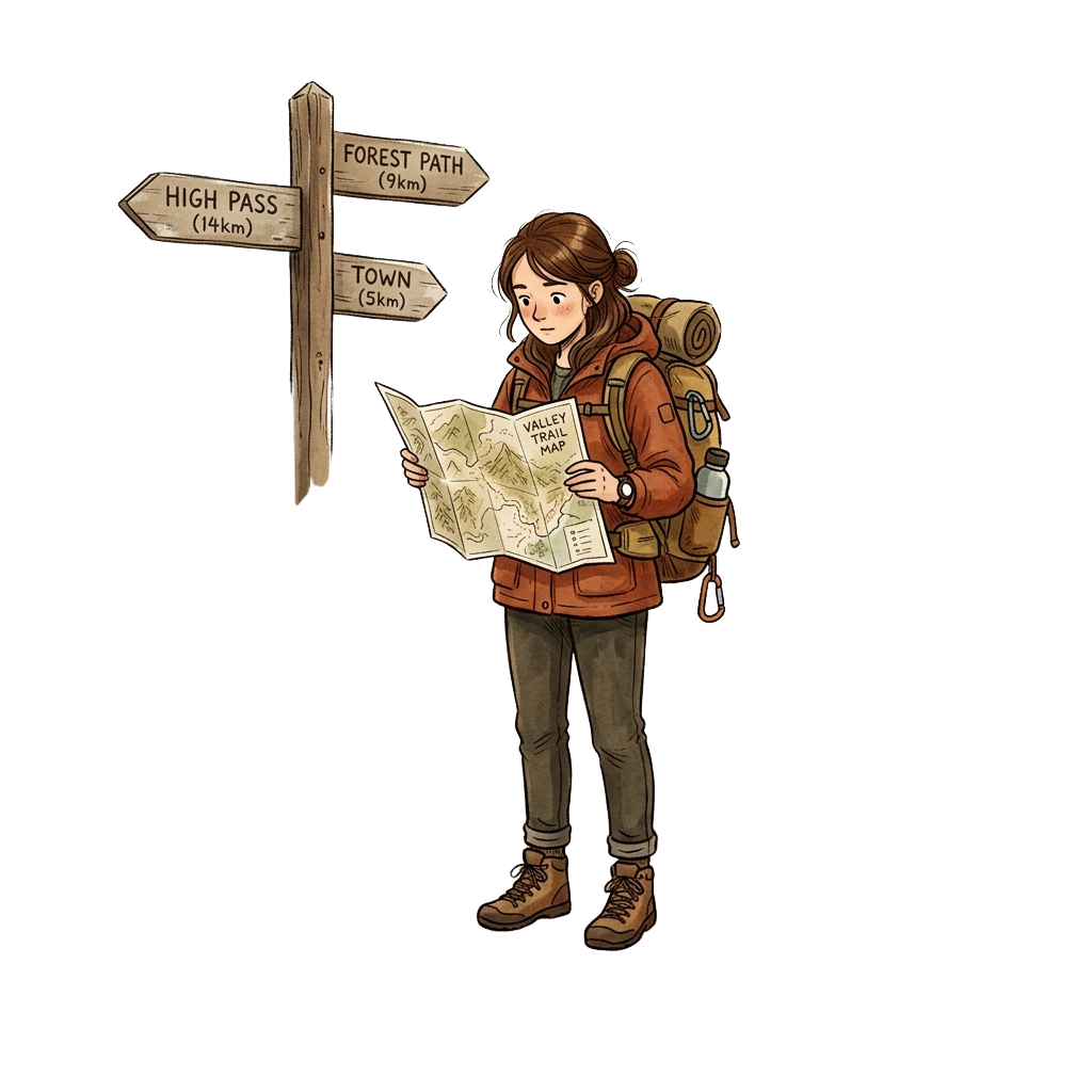 Illustration of a hiker in outdoor gear studying a map at a trail signpost with directions to High Pass, Forest Path, and Town