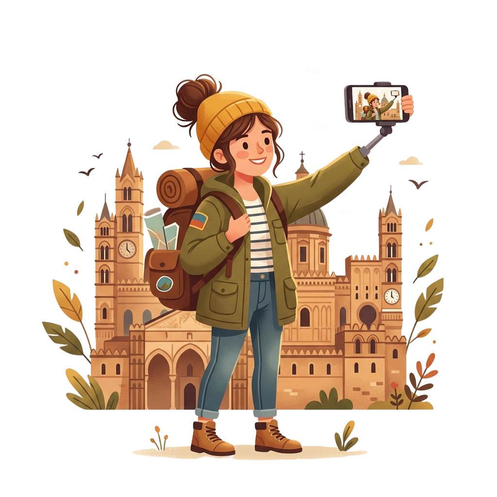 A smiling traveler in outdoor gear takes a selfie in front of an ornate building with clock towers.