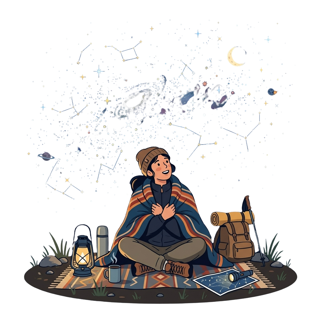 Person sitting on a blanket under the stars with a lantern, map, and camping gear
