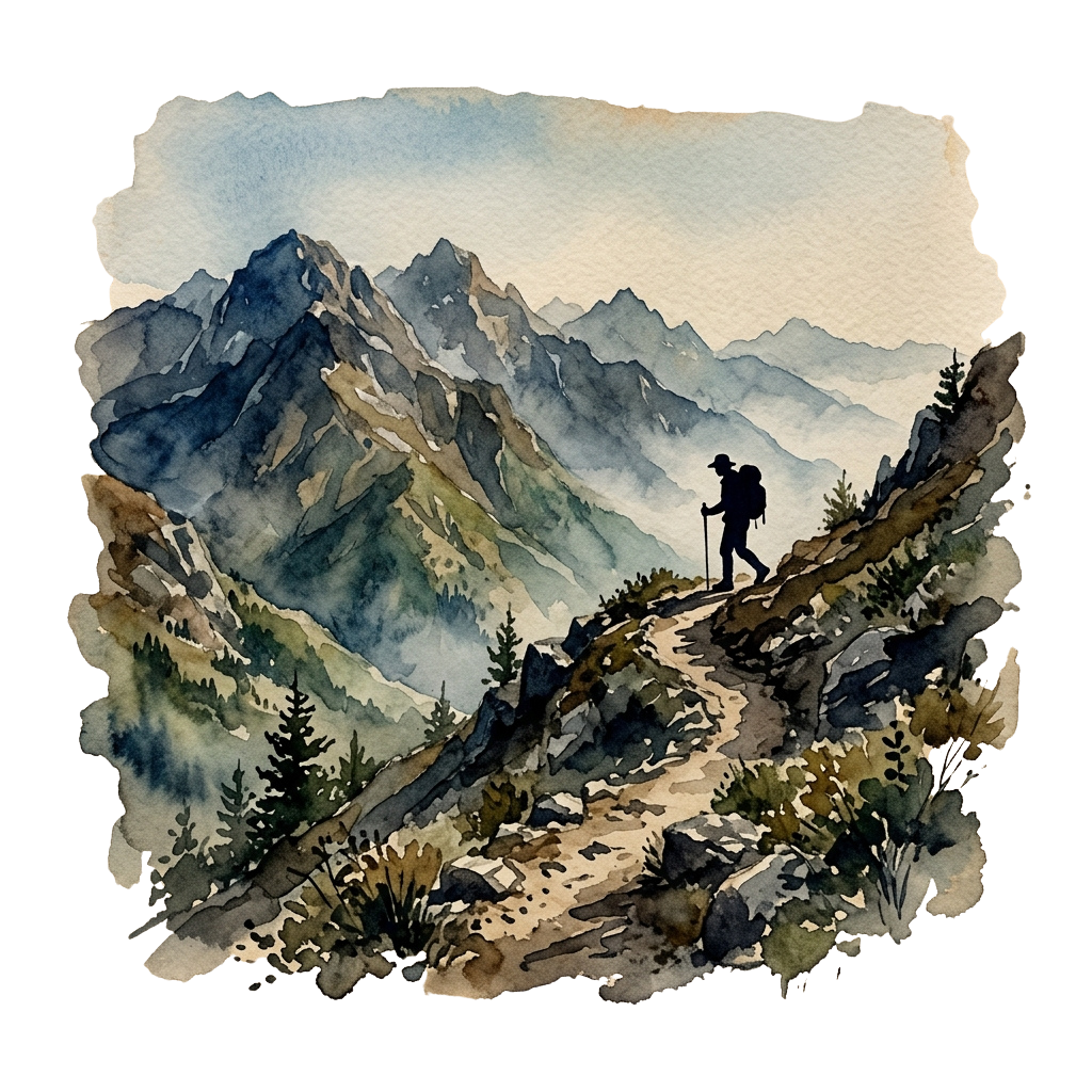 A lone hiker with a backpack stands on a rocky mountain trail surrounded by rugged peaks and greenery