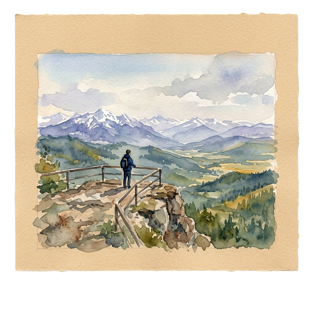 Watercolor painting of a person standing on a viewpoint overlooking a vast mountain range with lush green forests below