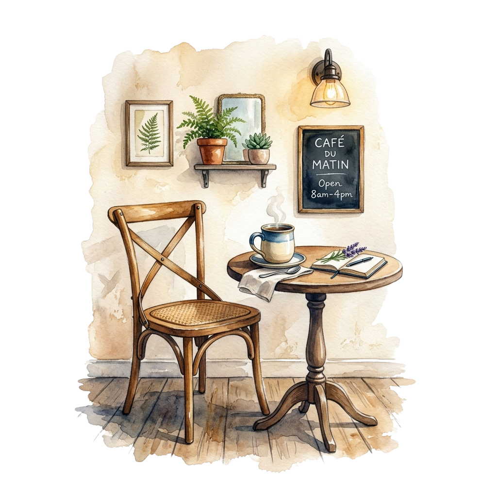 A charming café interior with a wooden chair, small table, cup of coffee, and chalkboard sign reading Café du Matin open 8am-4pm