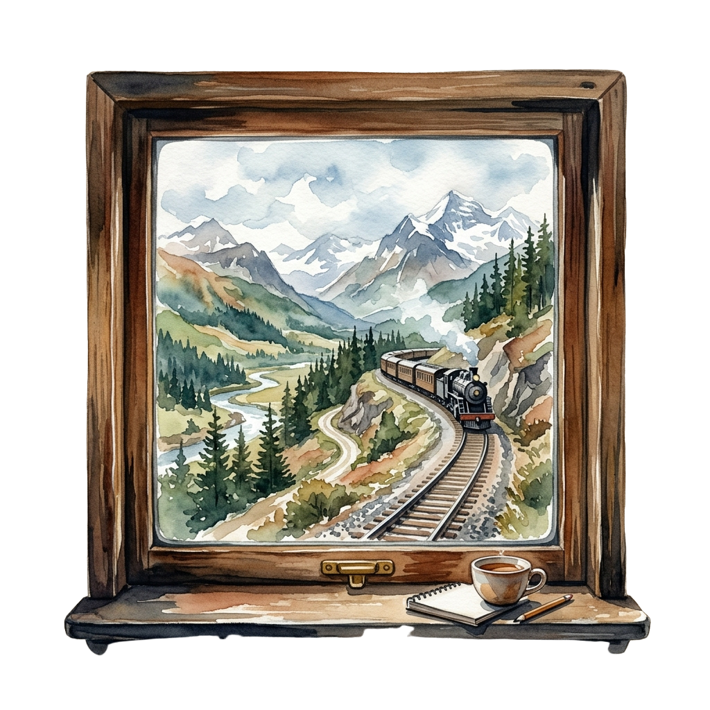 A cozy window view of a train traveling through a mountainous forest landscape with a cup of coffee and notebook on the windowsill
