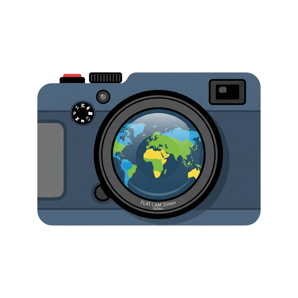 A stylized camera with a viewfinder displaying a world map inside the lens