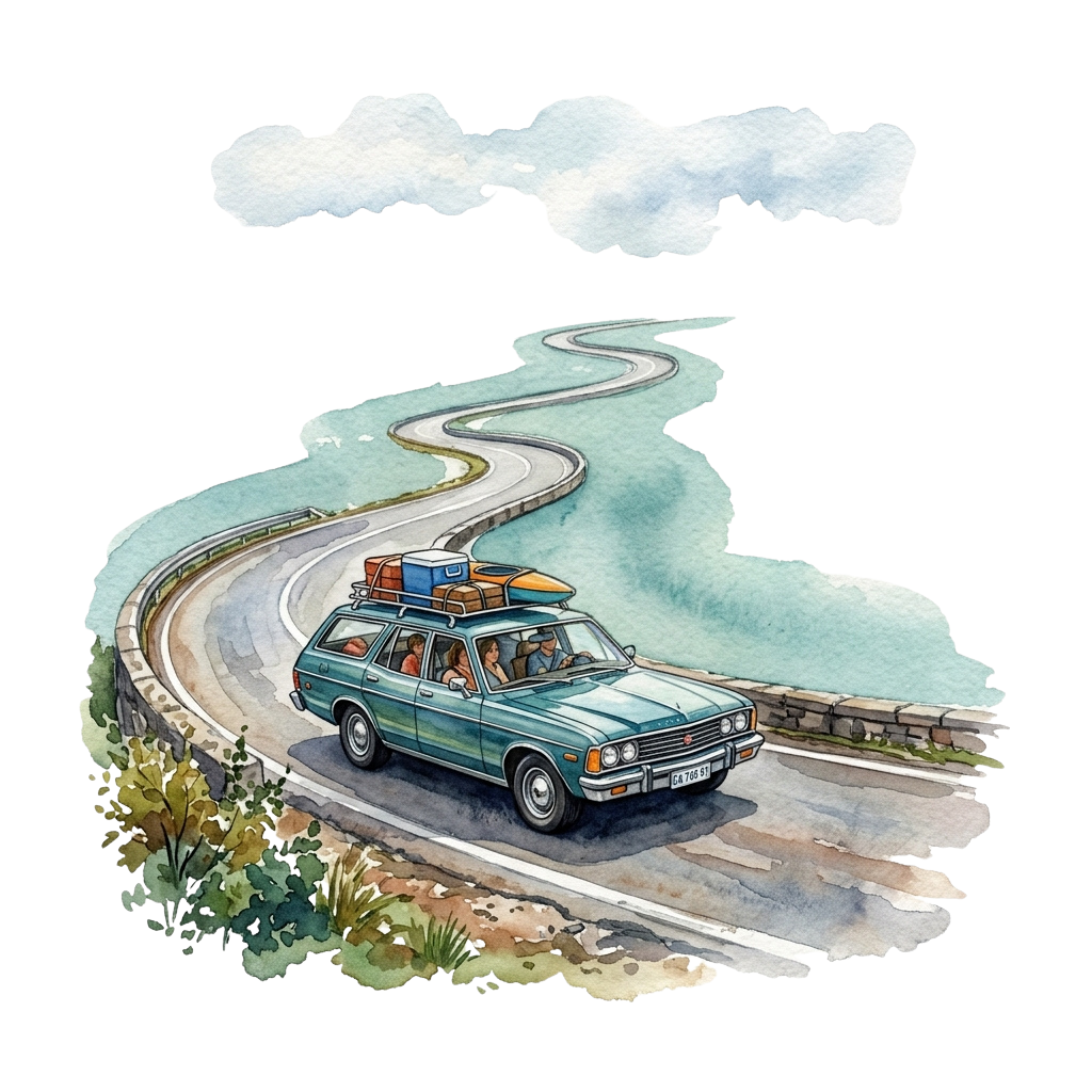 A turquoise station wagon with luggage on the roof driving along a winding coastal road with ocean views and clouds above.