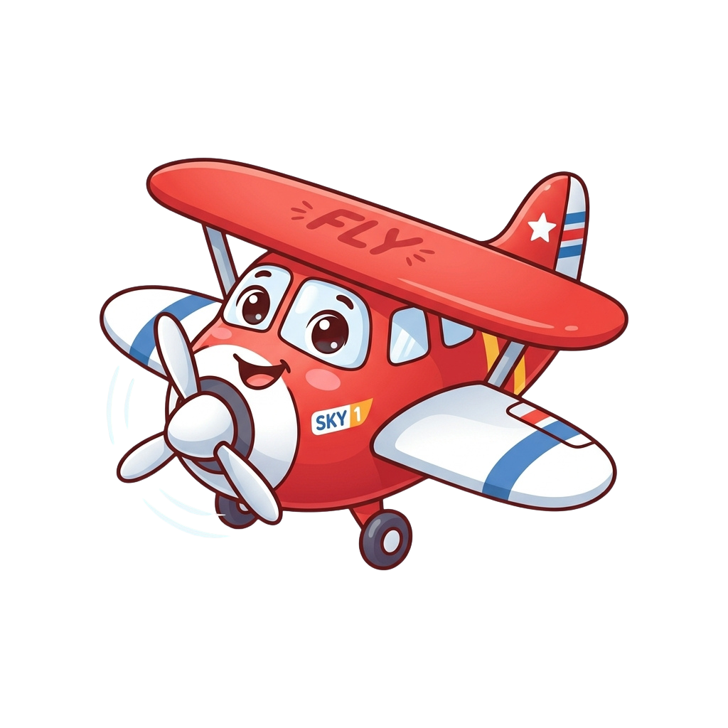 A smiling cartoon biplane with a propeller waving, labeled Sky 1 and Fly, in red and white colors