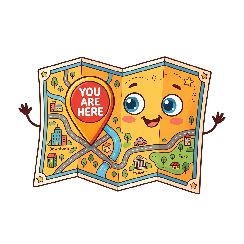Illustrated map with a smiling face showing you are here location, roads, downtown, park, and museum landmarks