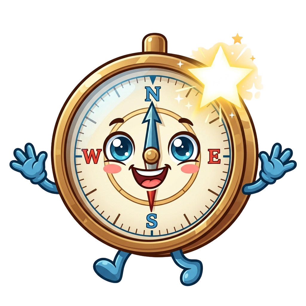 Animated smiling compass clock character with arms and legs shooting sparks from its head