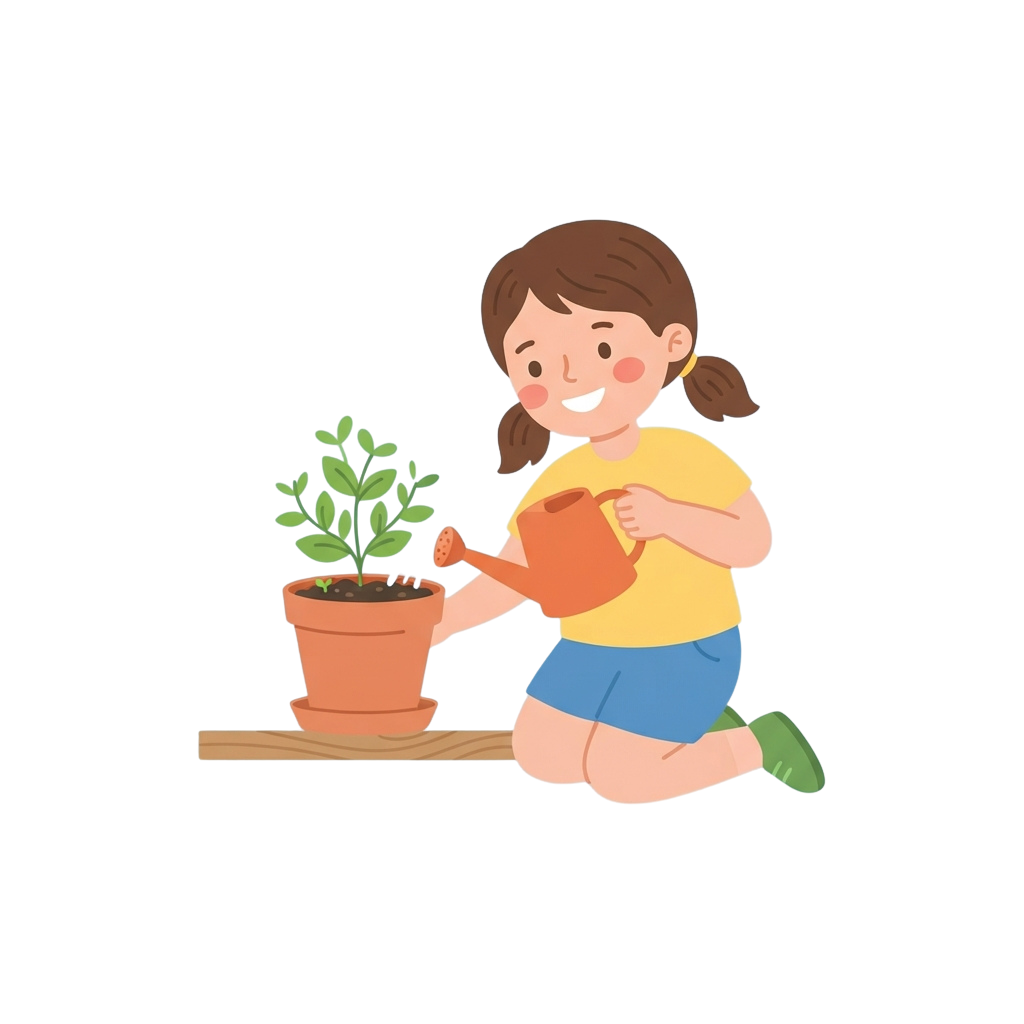 A smiling child kneeling and watering a small green plant in a terracotta pot with a watering can