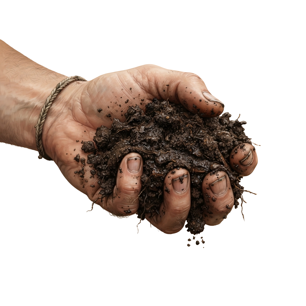 A hand wearing a bracelet holding a clump of rich, dark compost soil.
