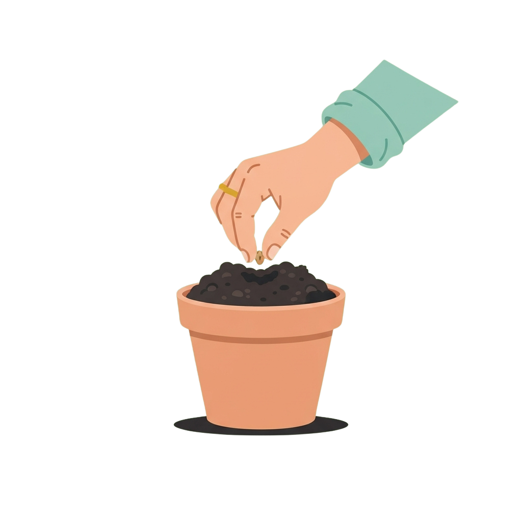 Illustration of a hand planting a seed into a small pot of soil