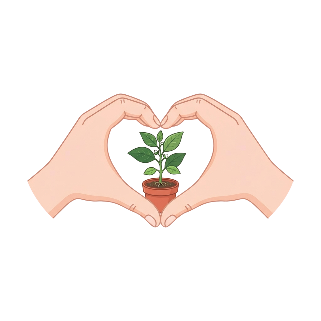 Two hands forming a heart shape around a small potted plant with green leaves