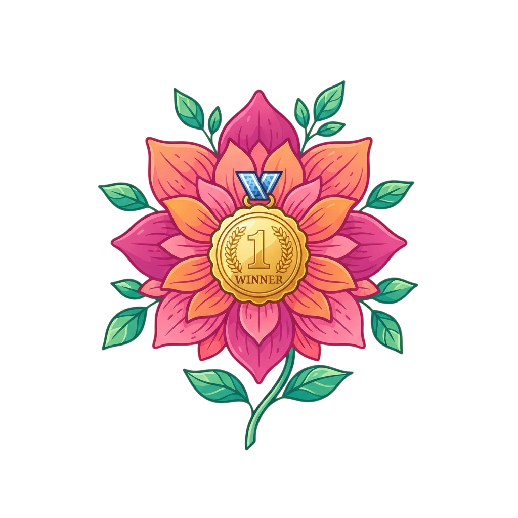 A vibrant flower with a golden first place winner medal featuring a laurel wreath and a blue V-shaped ribbon