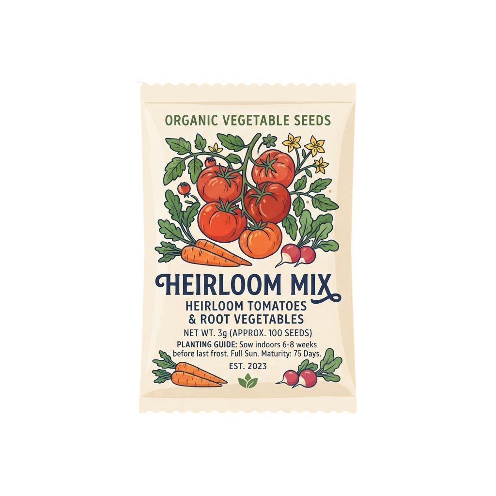 Seed packet showing heirloom tomatoes, carrots, and radishes with planting instructions