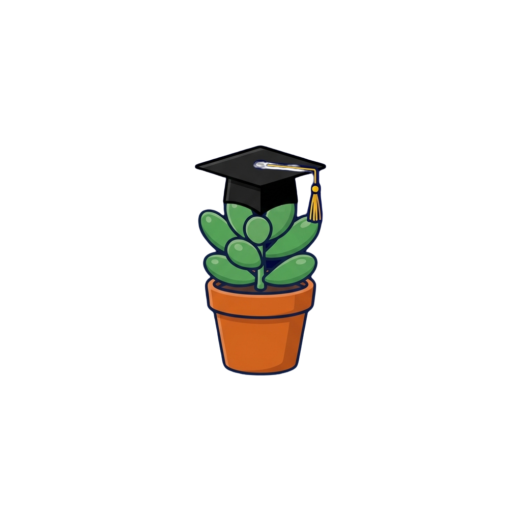 A graduation cap placed on top of a green potted plant with round leaves