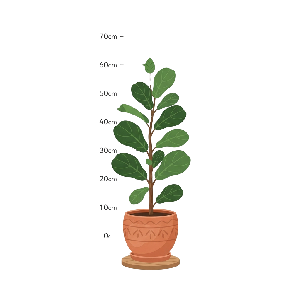 Illustration of a green leafy plant in a terracotta pot with height markers from 0 to 70 centimeters