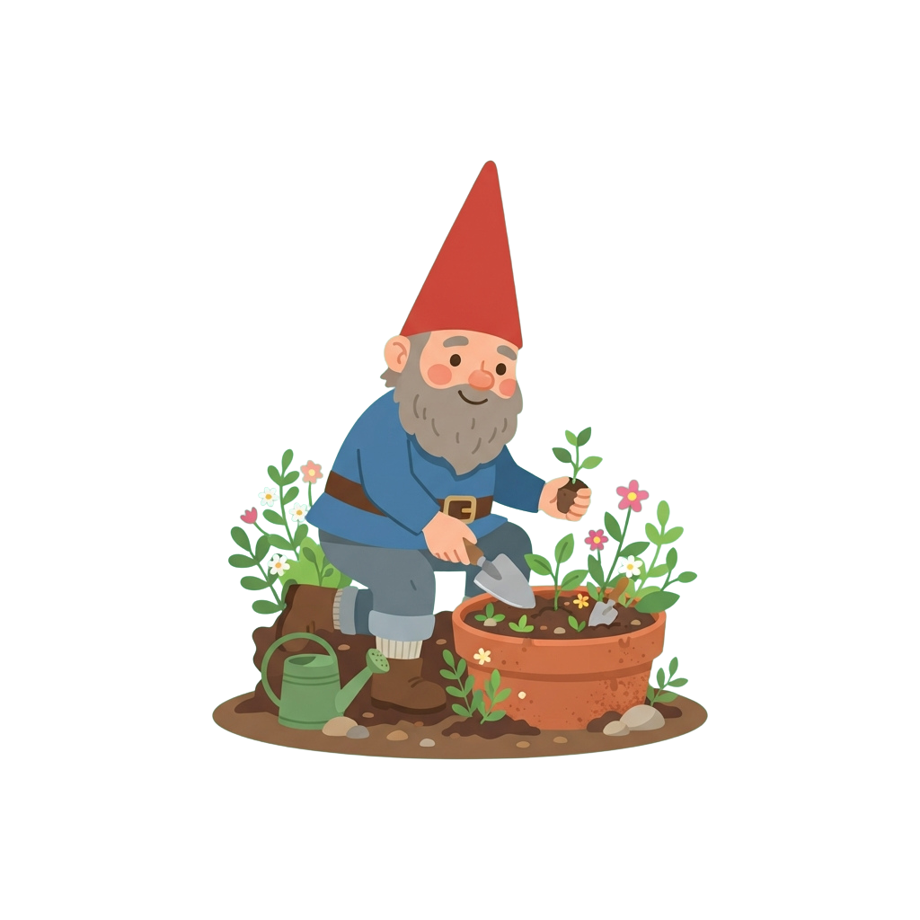A cheerful gnome in a red hat and blue overalls planting a small plant in a pot with gardening tools nearby