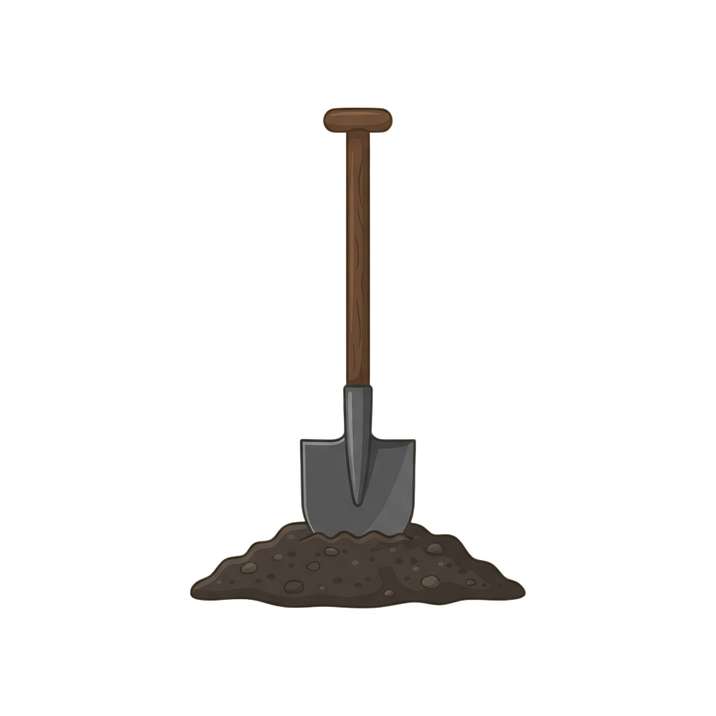 A wooden-handled shovel partially buried in dark brown soil with a small mound of dirt around it