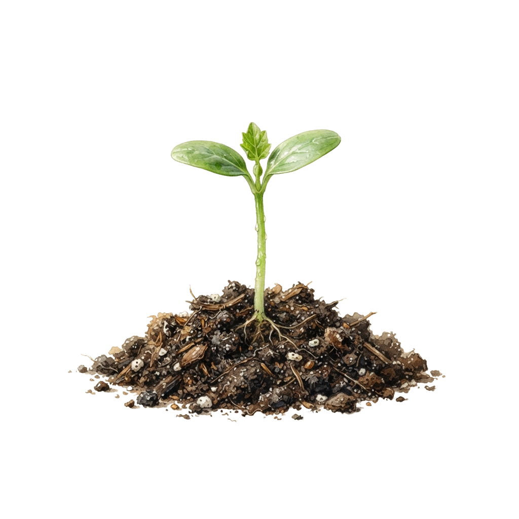 A small green seedling with two leaves growing out of dark soil
