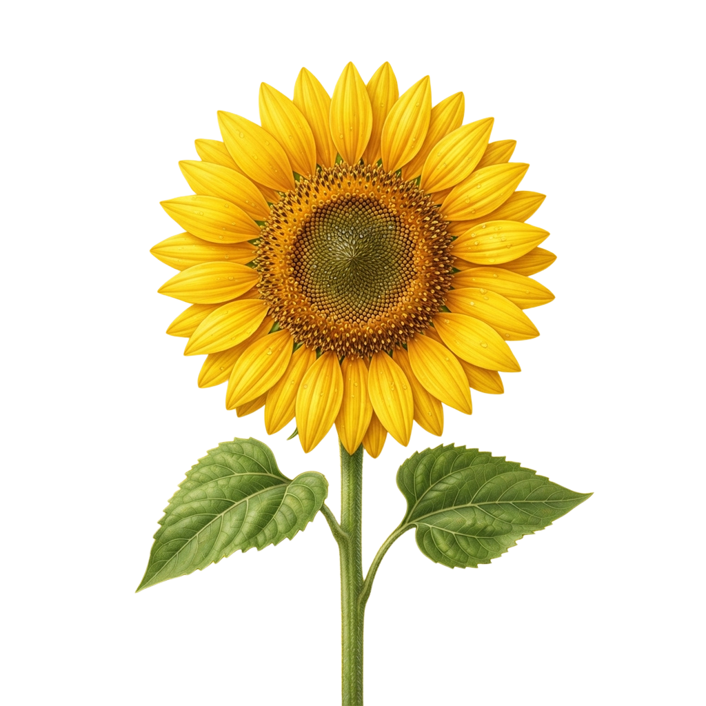 A vivid sunflower with yellow petals and a brown center, standing tall with green leaves on a black background