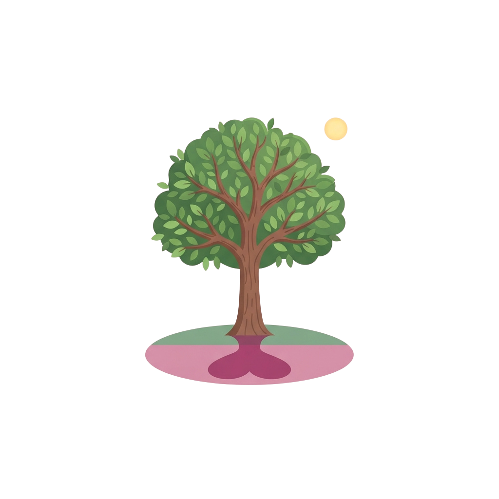 A stylized tree with green leaves and brown trunk standing on a patch of pink and green ground under a moonlit sky.