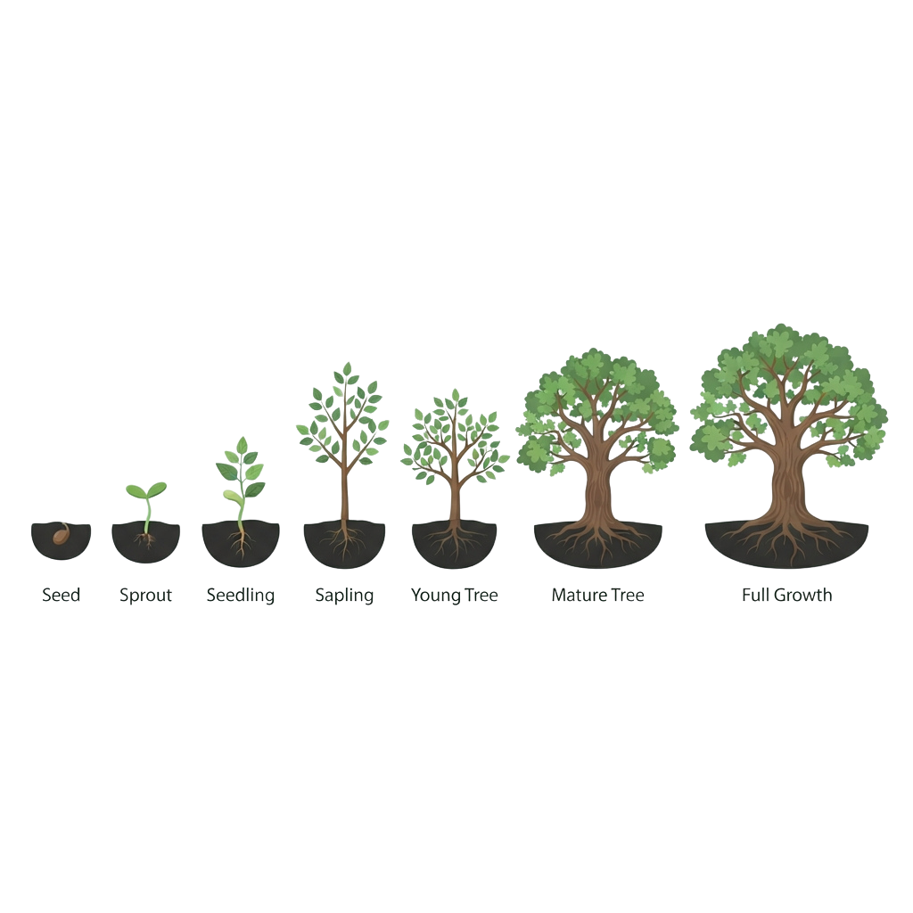 Illustration showing tree growth stages from seed to full-grown tree