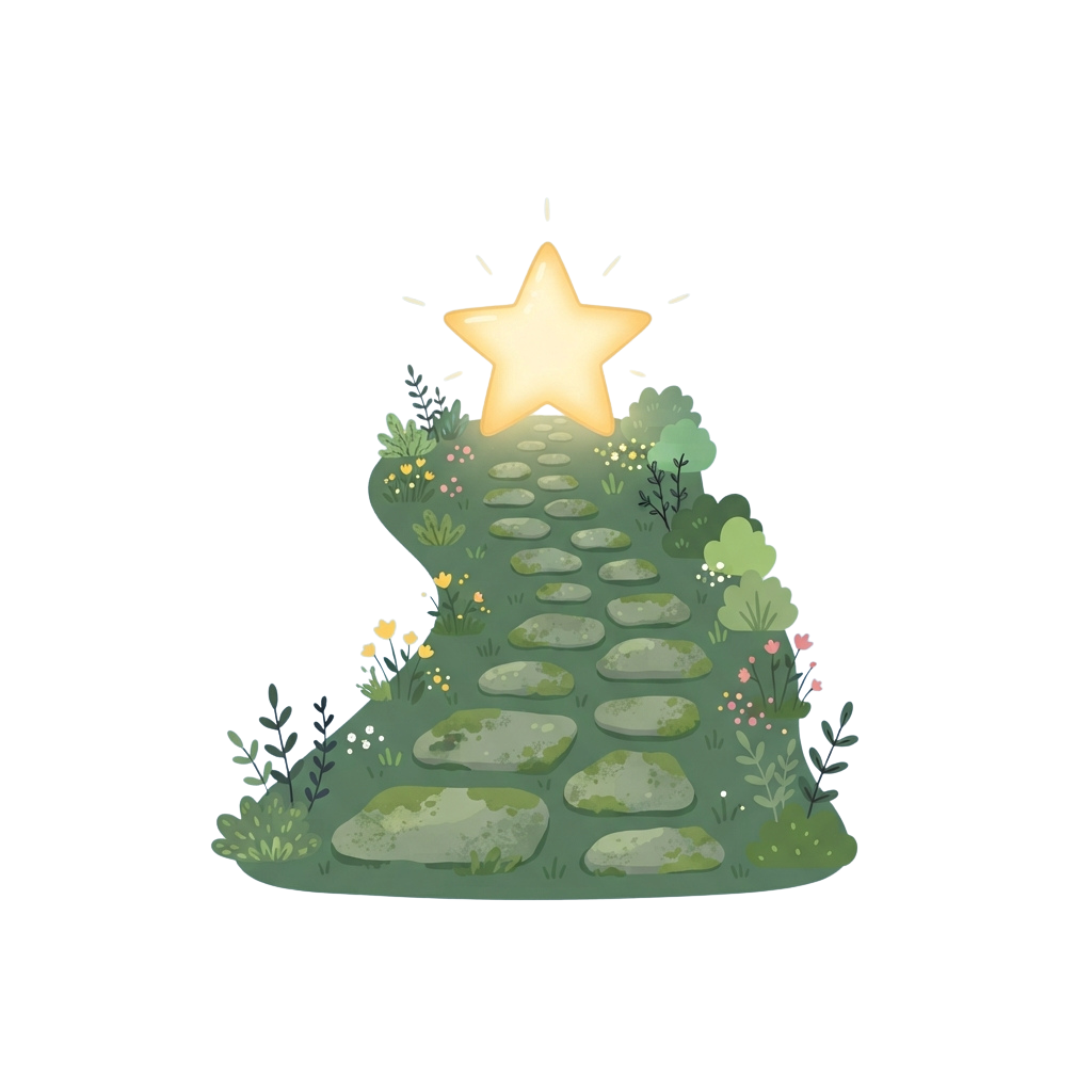 A glowing star sits atop a winding stone path on a lush green mountain covered with flowers and plants