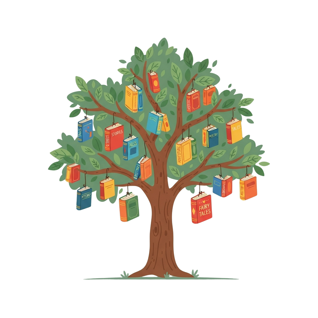 Illustration of a tree with colorful book-shaped ornaments hanging from its branches