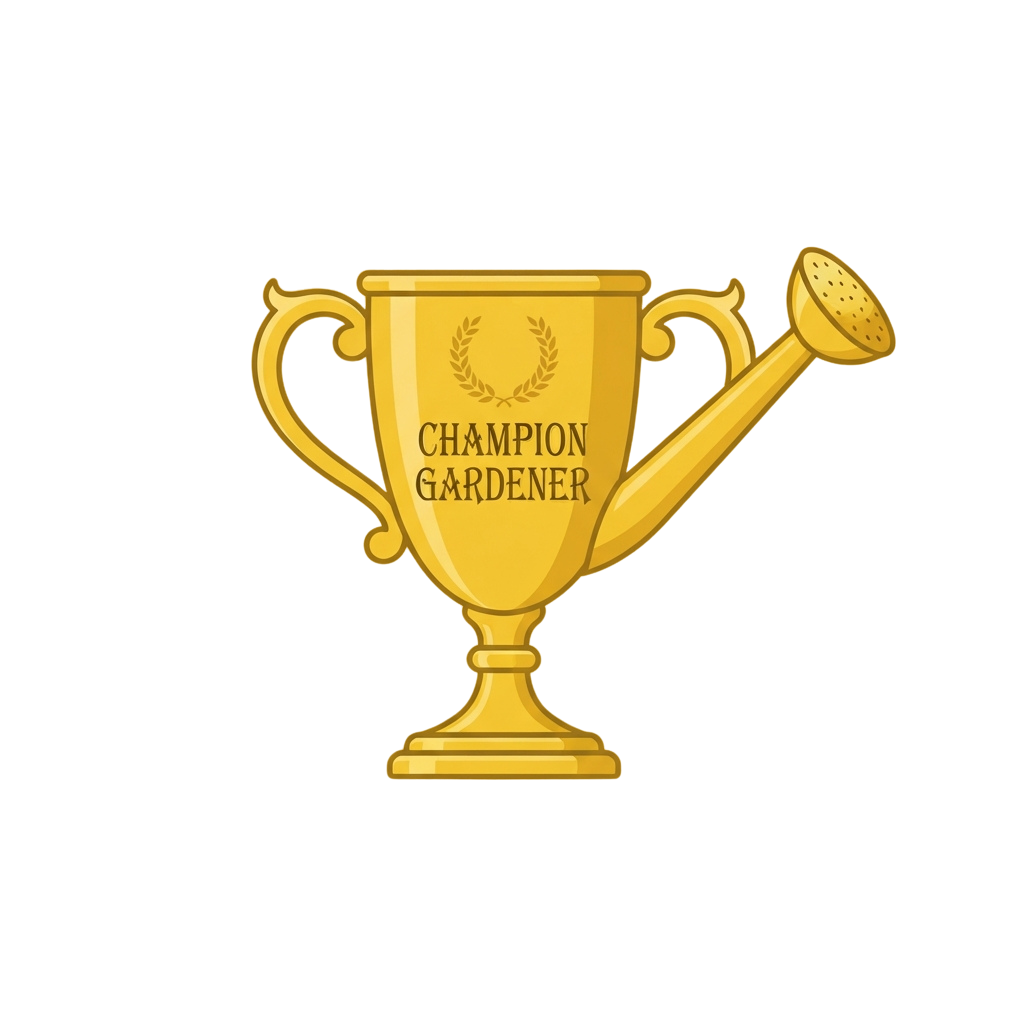 A golden trophy shaped like a watering can with the words Champion Gardener and a laurel wreath on it