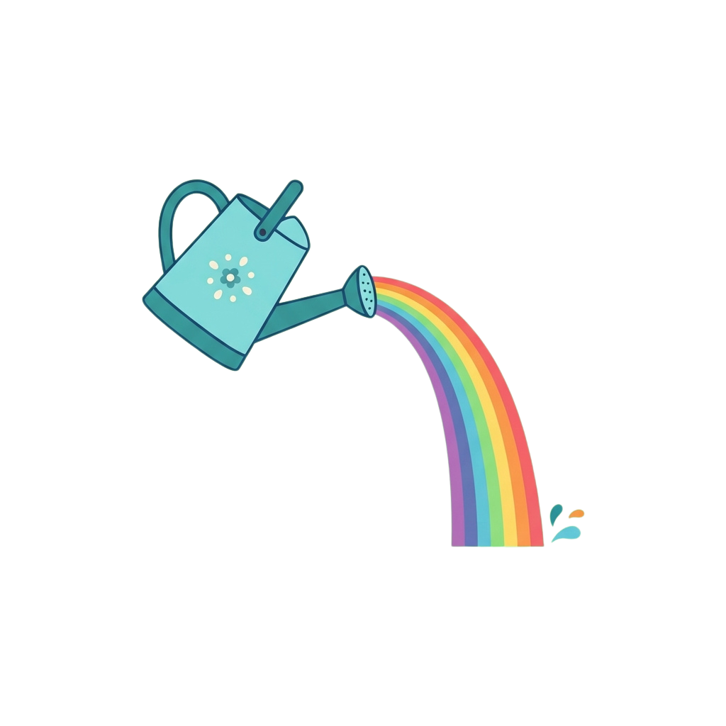 A light blue watering can pouring a rainbow-colored arc of water against a black background